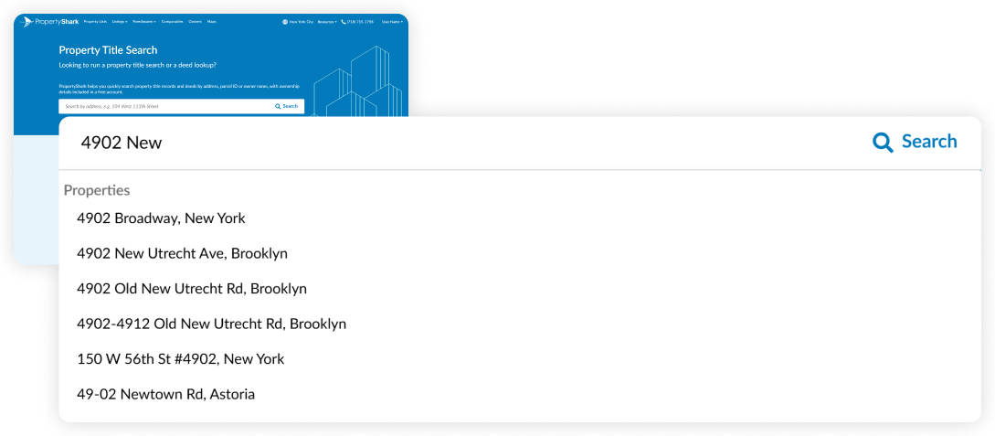 Property search interface showing address entry